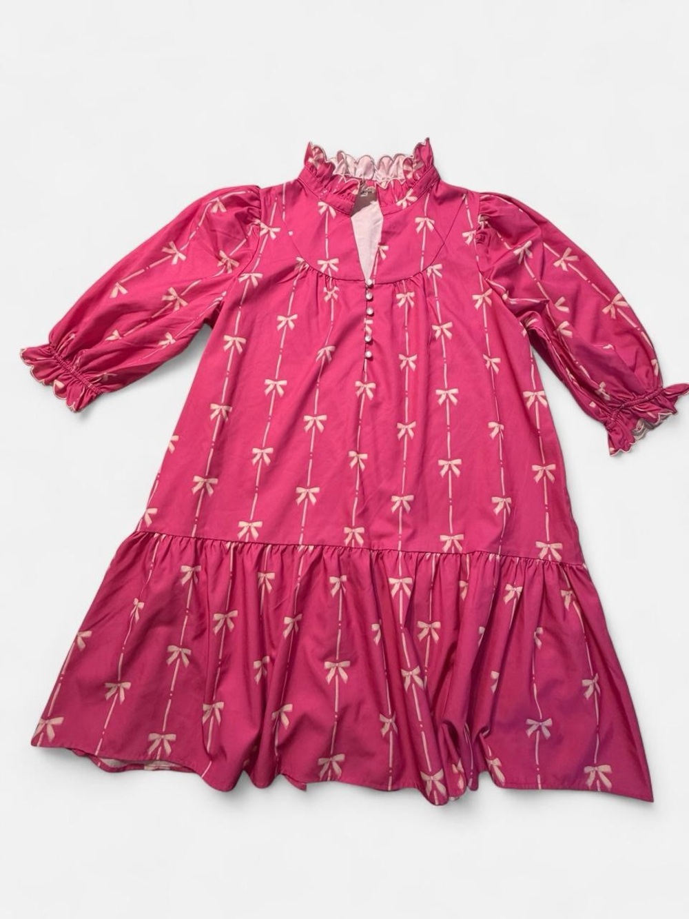 Pink Bow Print Ruffled Neck Dress